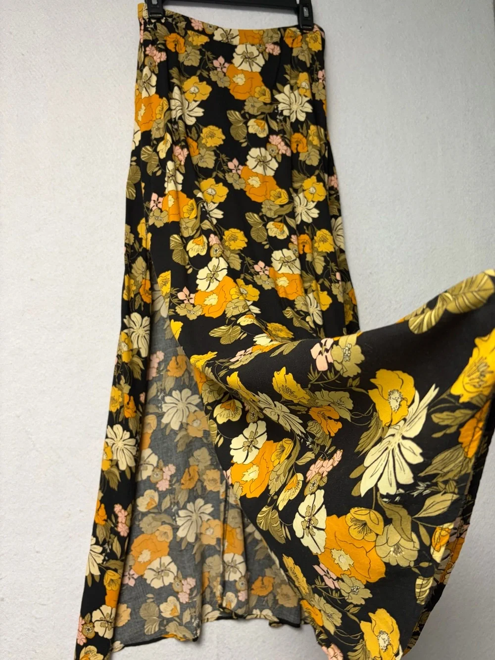 Natural Life Ginger SideSlit Maxi Skirt Black Marigold Floral Boho Cottagecore S